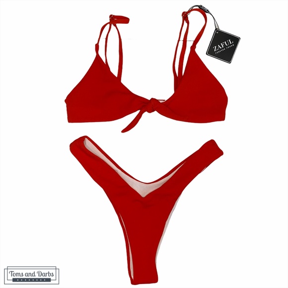 2/$25 Zaful Red Ribbed Cheeky Bikini w Front Tie
